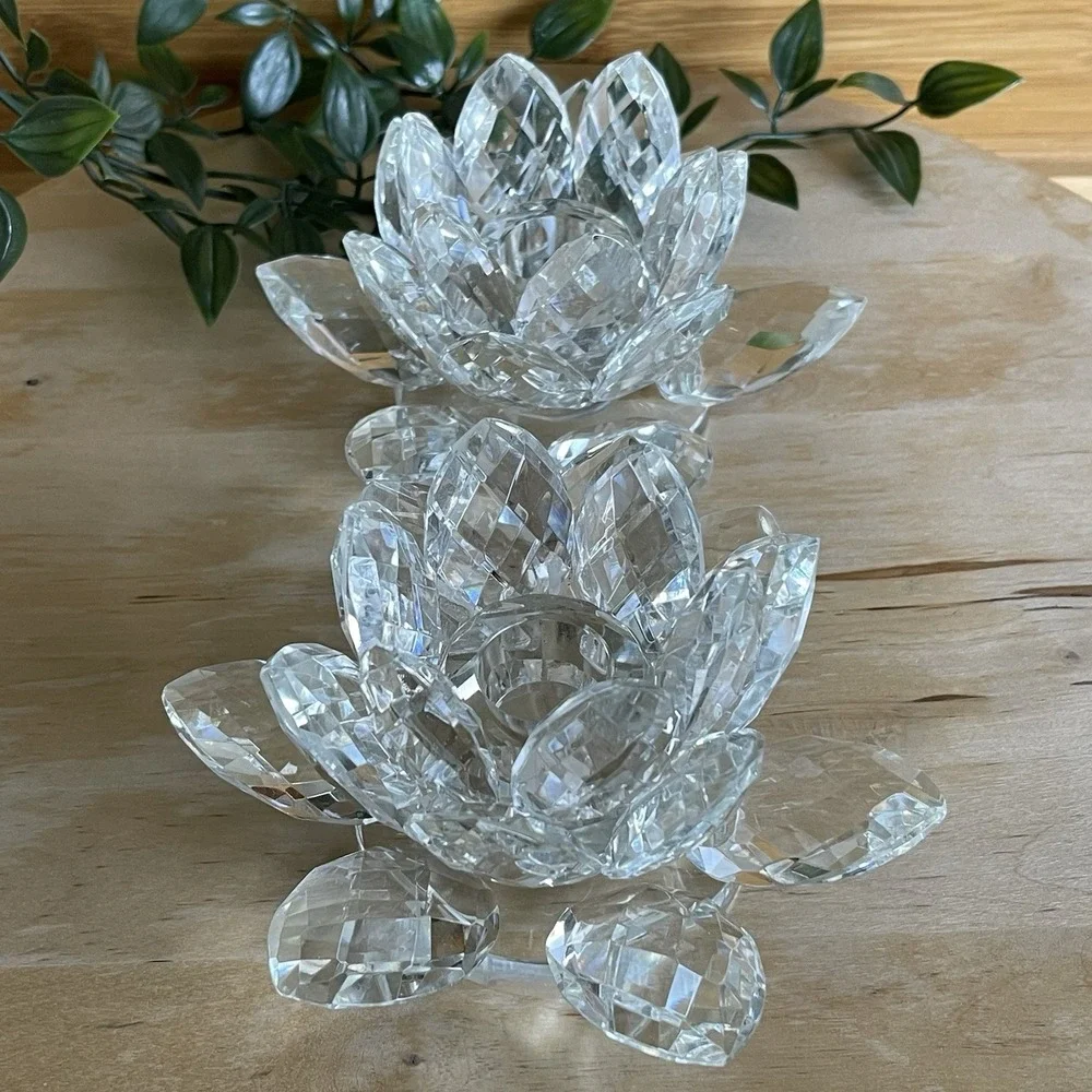 Vintage Shannon Crystal by Godinger Lotus Flower Candle Holders Pair Set Of 2